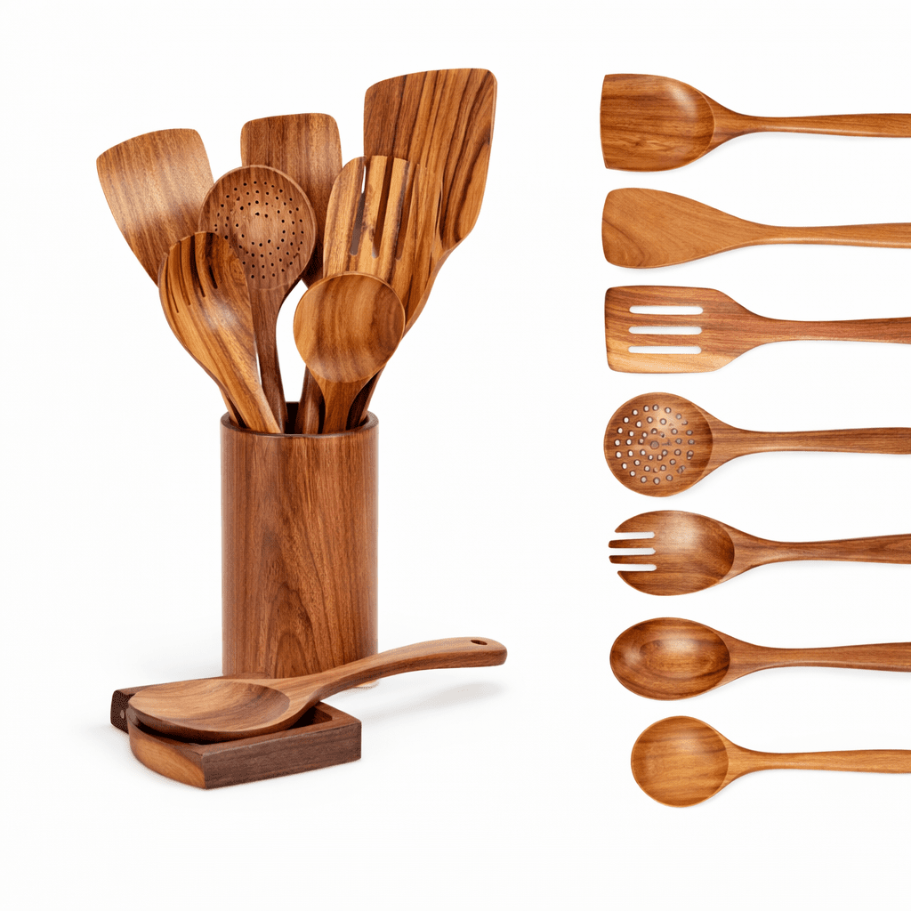 Complete wooden utensil set on a white background with the holder, spoon rest, and seven tools laid out.