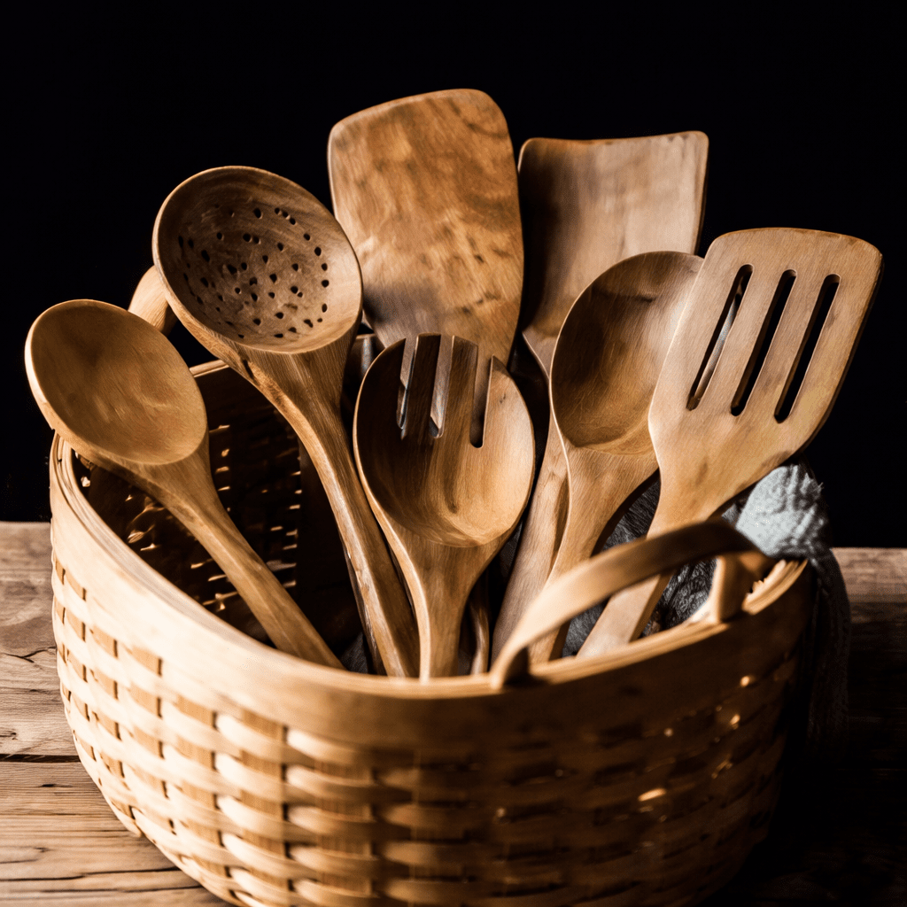Wooden utensils resting together in a woven basket with two handles.