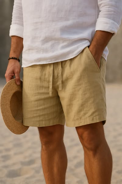 Lorenzo men's cotton-linen shorts in sand beige worn with a white linen shirt on sand.