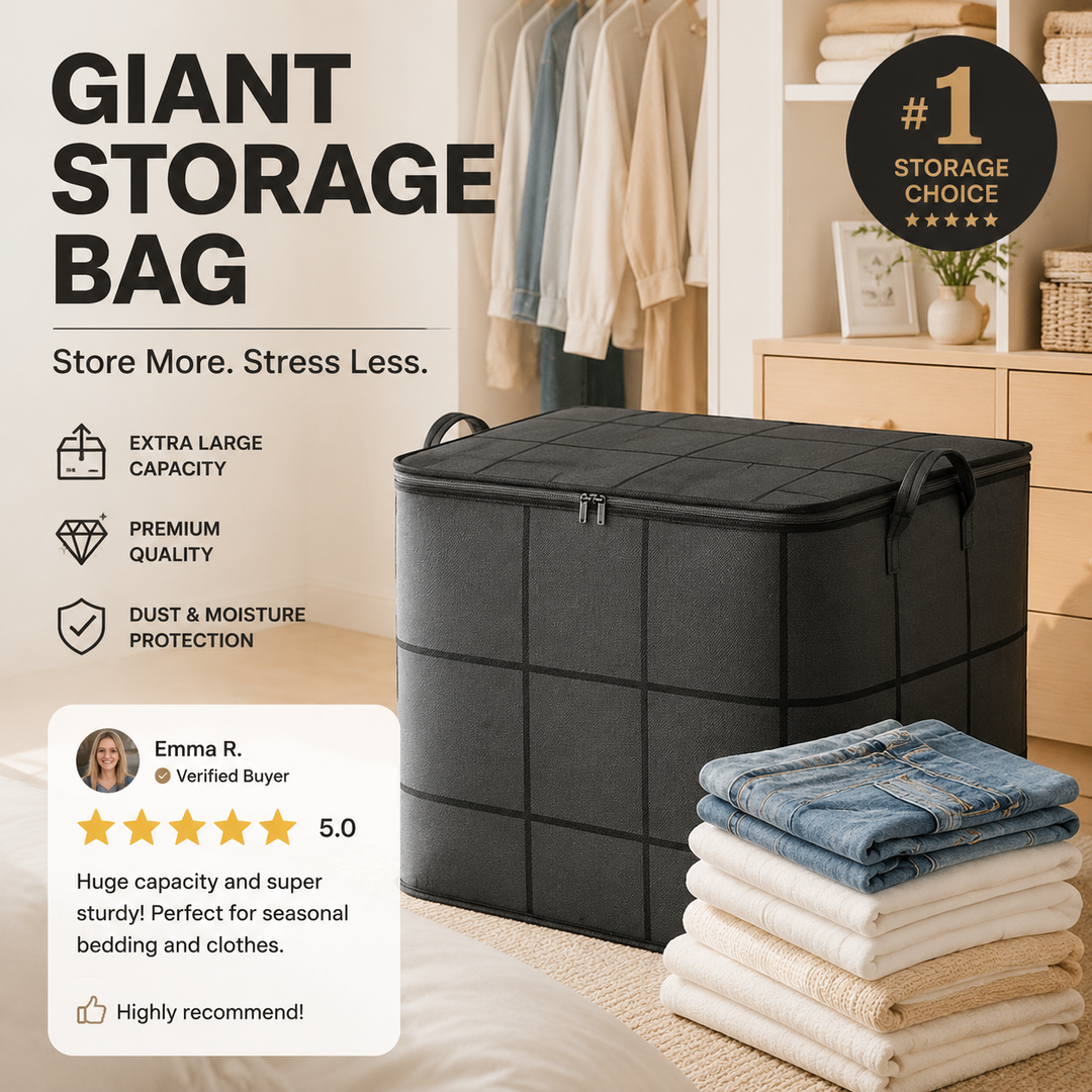 Dark gray storage bag in a bedroom closet beside folded jeans and sweaters, with a customer review card 5