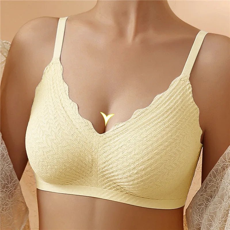Pale yellow bralette with scalloped V-neckline and textured fabric, front view.