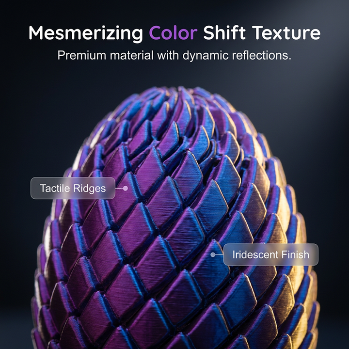 Close-up of overlapping scales on an iridescent purple and blue egg against a dark background 5
