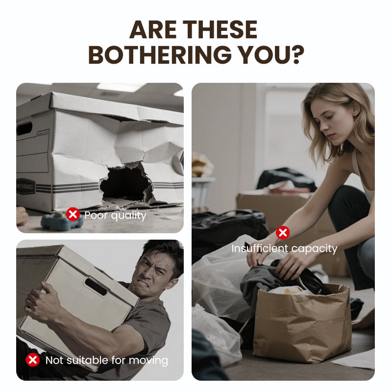 Collage of storage problems: a torn cardboard box, a man straining to carry a box, a woman sorting clothes 2