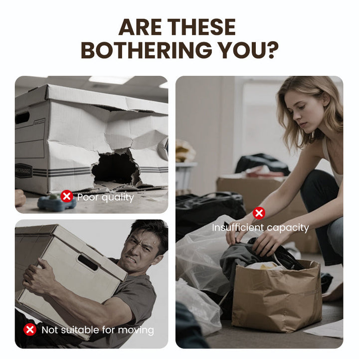 Collage of storage problems: a torn cardboard box, a man straining to carry a box, a woman sorting clothes 2