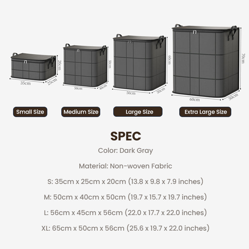 Lineup of four dark gray storage bags from small to extra large, with a size specification list 12