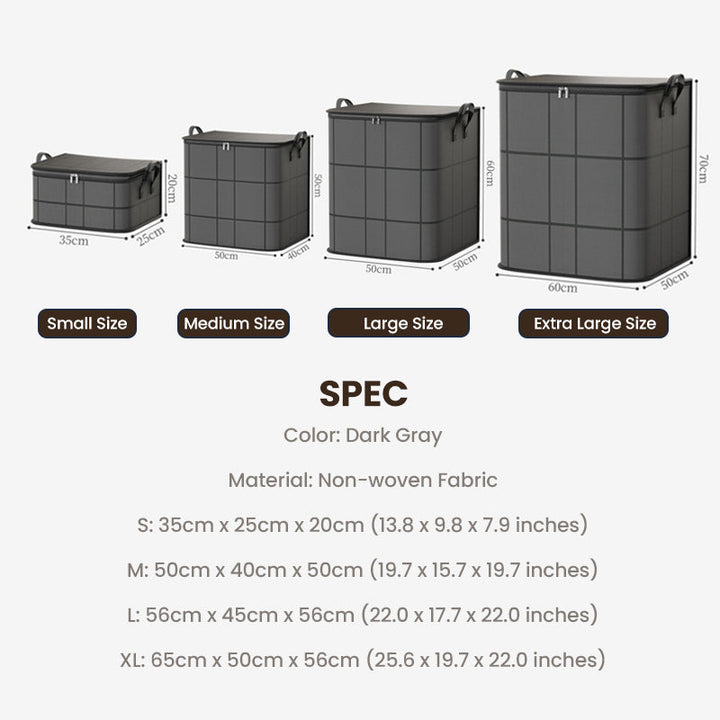 Lineup of four dark gray storage bags from small to extra large, with a size specification list 12