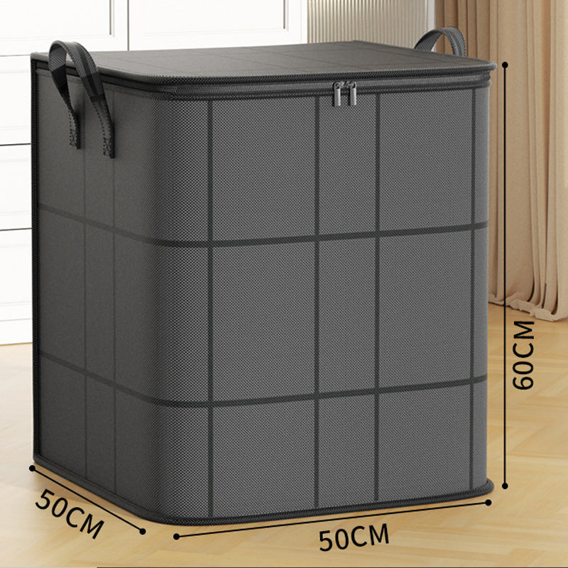 Taller dark gray storage bag with square base on a wood floor, with dimension lines drawn beside it 14