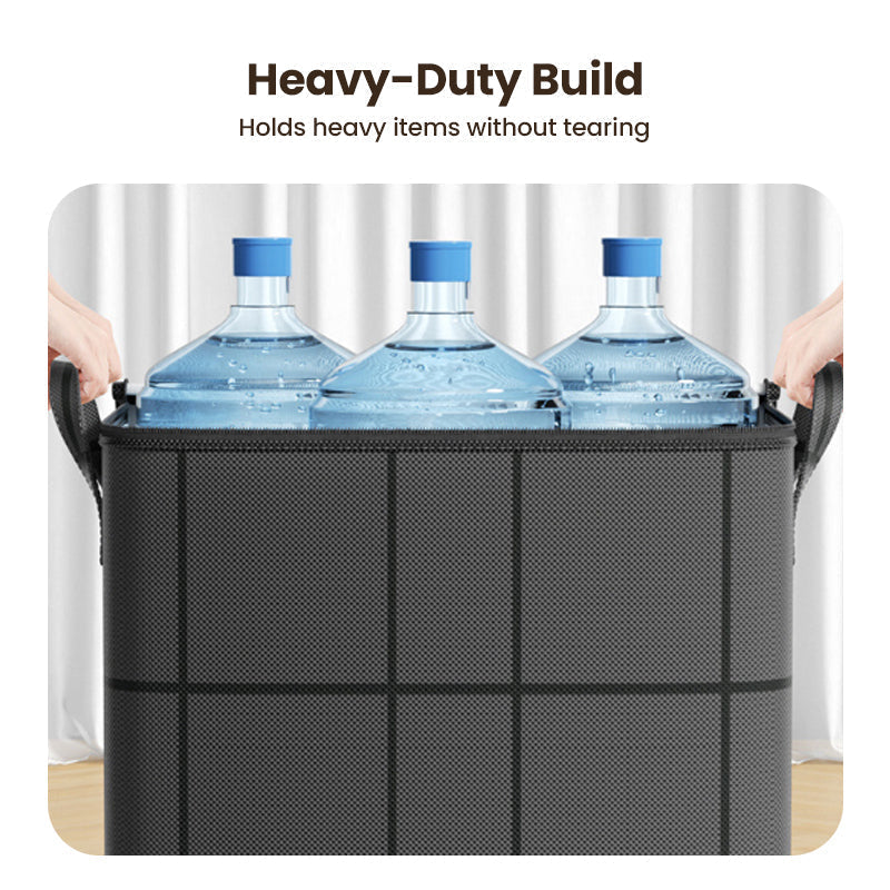 Dark gray bag holding three large water jugs while a person lifts it by the handles 9