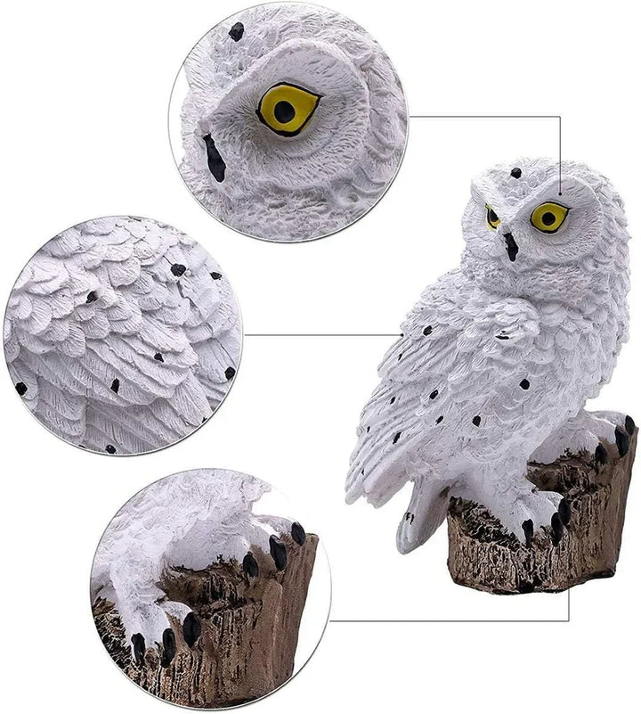 White owl figure on a stump base with detail circles showing its yellow eye, carved feathers and black talons.