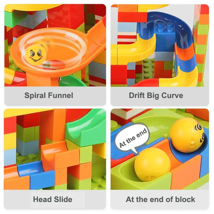 Four detail panels showing a spiral funnel, a big curve, a head slide and the end catch cup where balls land.