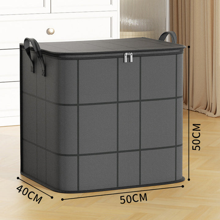 Dark gray storage bag with zipper lid and handles, with its height, width and depth dimensions marked 13