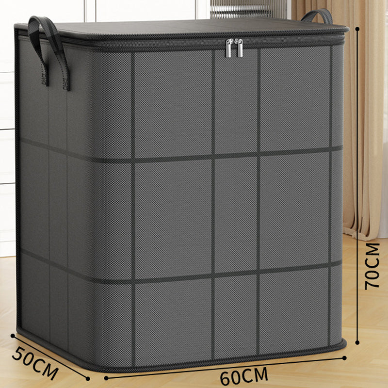 Largest dark gray storage bag with handles on a wood floor, with dimension lines marked along its sides 15