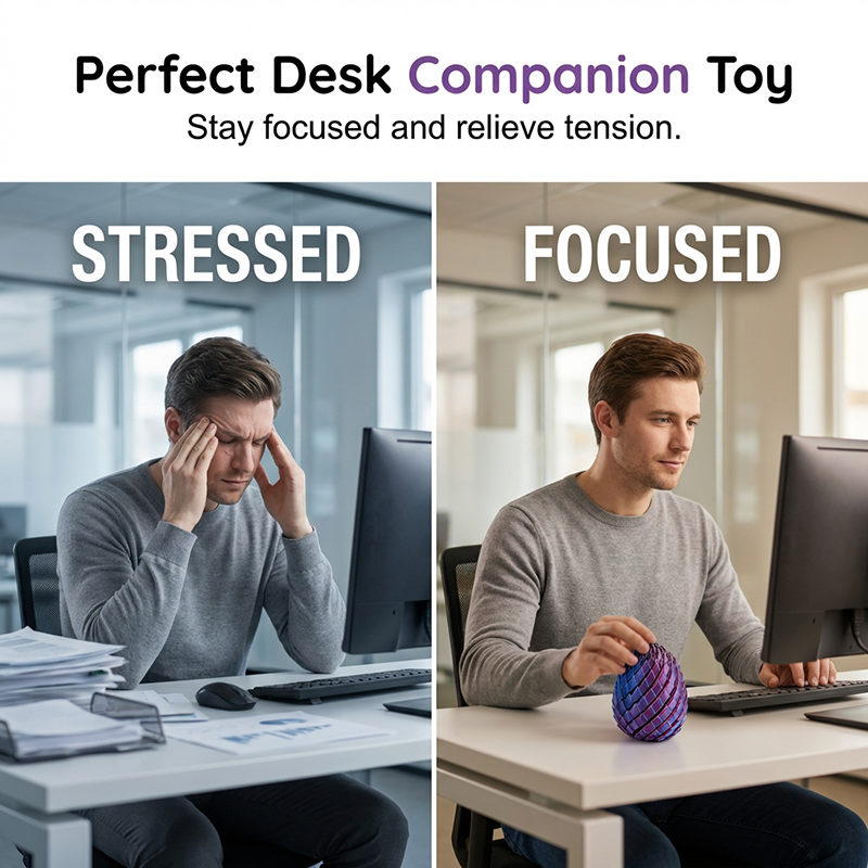 Side-by-side office scenes: a stressed man at a desk, then focused with the egg in hand 2