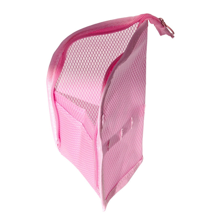 Pink EVA travel toiletry organizer pouch with the zipper open against a white background.