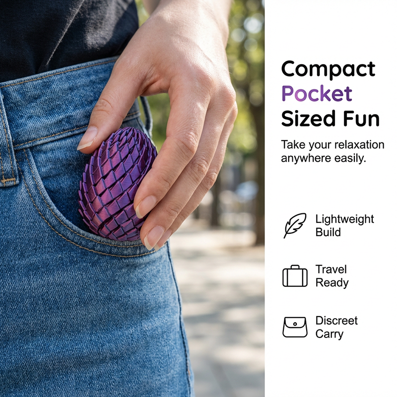 Hand sliding the purple scaled egg into the front pocket of blue jeans 6