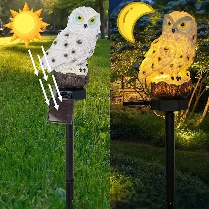 Day and night comparison of the solar panel and the owl glowing warmly under a crescent moon.
