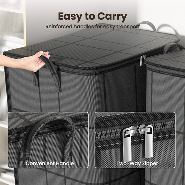 Close-up views of the reinforced fabric carry handle and the silver two-way zipper pulls on the bag 8