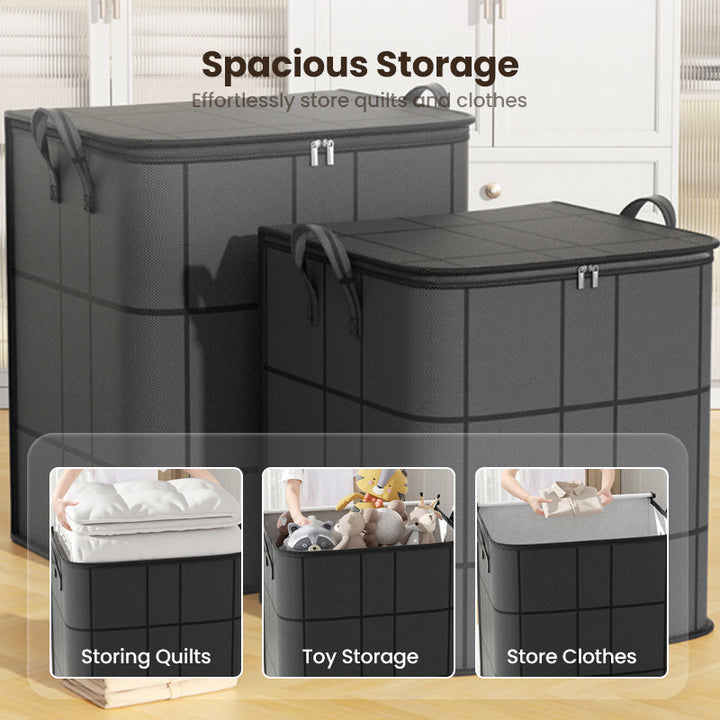 Two dark gray storage bags of different sizes, with insets showing quilts, plush toys and clothes being stored 7