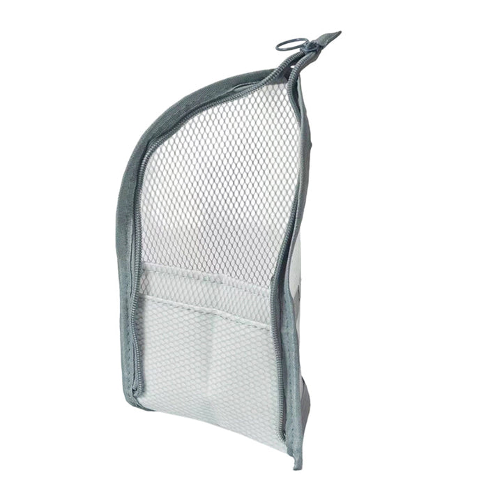 Gray-trimmed EVA travel toiletry organizer pouch detail with the zipper partly open and a ring pull at the top.