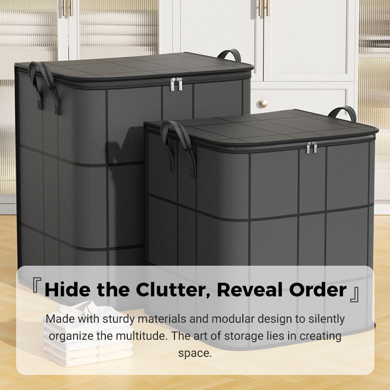 Two dark gray storage bags in front of white cabinets, with a folded white shirt stack at lower left 11