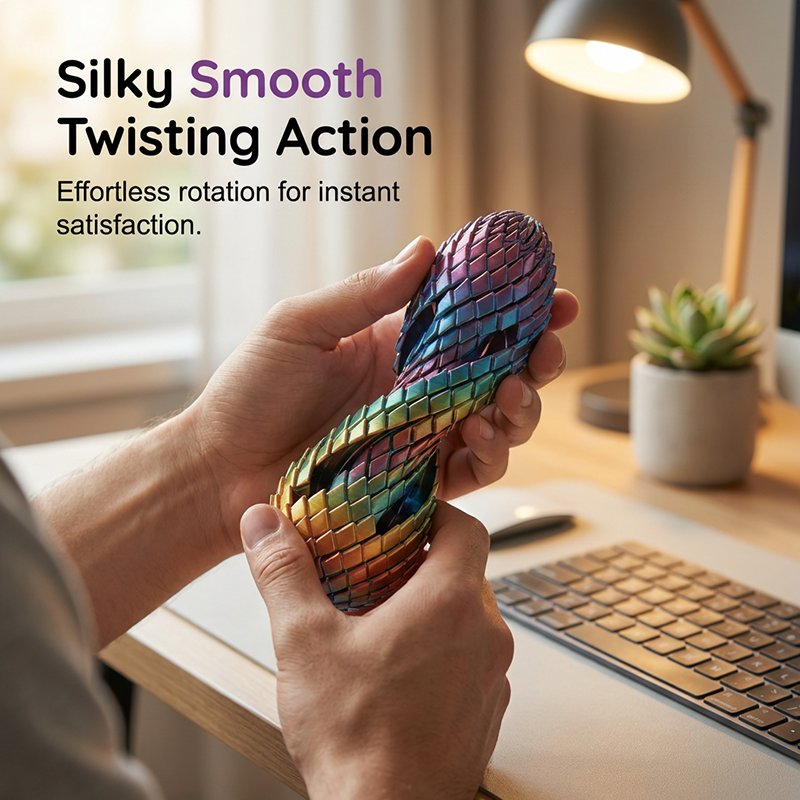 Both hands twisting the egg into a rainbow-colored spiral shape at a desk with lamp and plant 4
