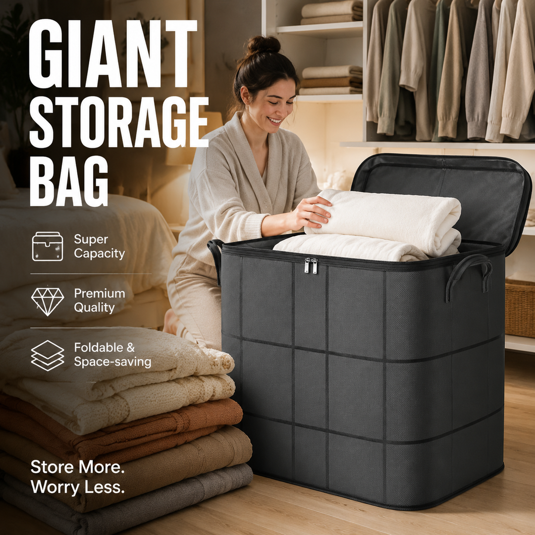 Woman kneeling beside an open dark gray storage bag, placing a folded white blanket inside 1