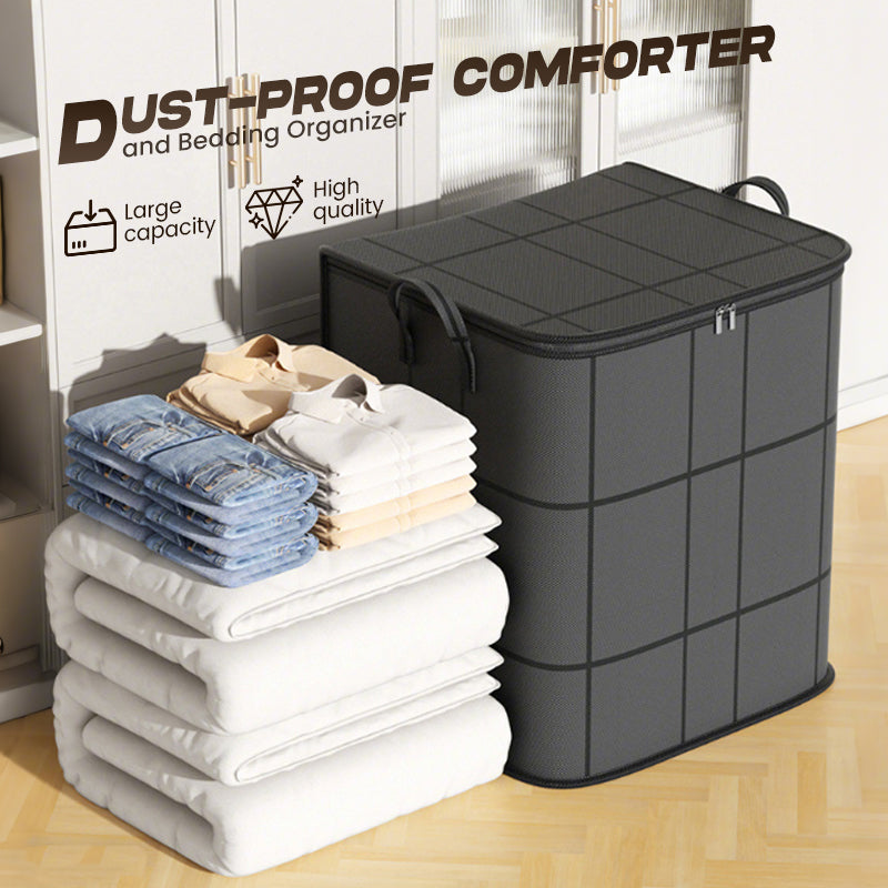 Dark gray bag with carry handles next to stacked comforters, folded jeans and shirts in front of white cabinets 6