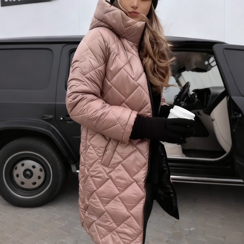 Black quilted long coat with a hood, shown close up.
