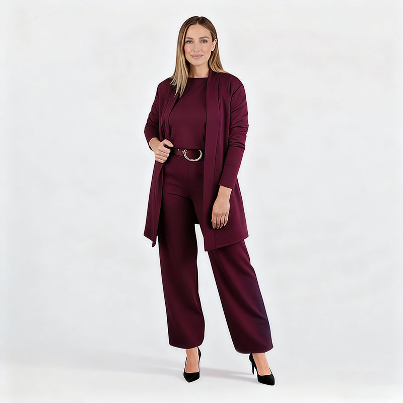 Full-length studio shot of the burgundy cardigan, top and wide-leg pants set.