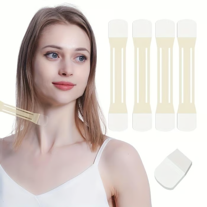 Invisible neck lift tape with strips and end tab shown on a woman in a white camisole.