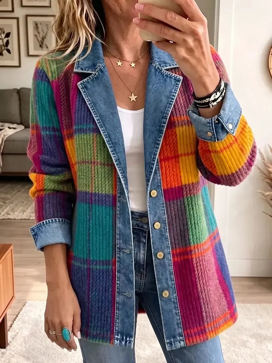 Front view of a woman wearing the multicolor plaid jacket with denim lapels and cuffs, buttoned over a white tank and jeans. 1