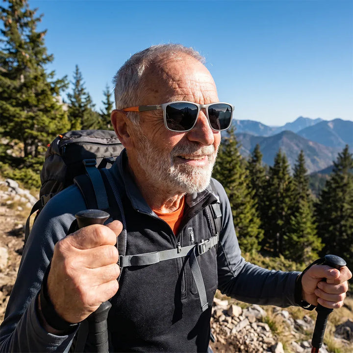 Older bearded man hiking in the mountains wearing sporty glasses with orange temples.