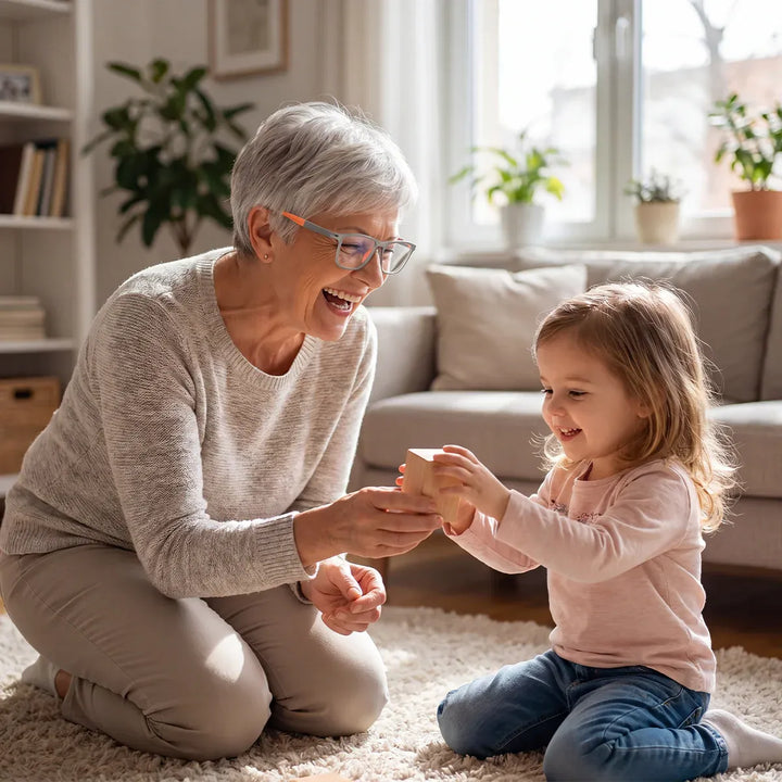 Smiling grey-haired woman wearing grey glasses with orange accents kneels on a rug.
