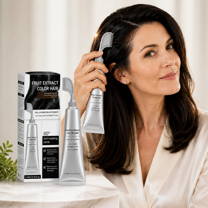 Dark-haired woman in a satin robe holds the comb-tipped tube to her hair beside the box 1