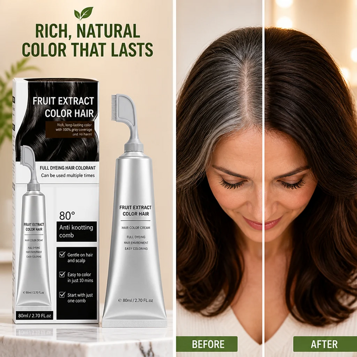 Box and silver tube with comb applicator beside a before-and-after split of gray hair turned dark brown 2