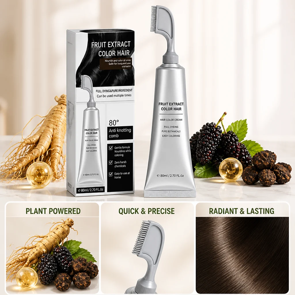 Box and comb-tipped tube surrounded by ginseng root, blackberries and oil drops, with close-ups of comb and glossy brown 3