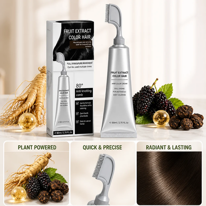 Box and comb-tipped tube surrounded by ginseng root, blackberries and oil drops, with close-ups of comb and glossy brown 3