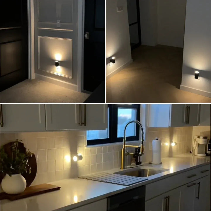 Another view of a collage showing the lamp lighting a hallway door, a dark hallway and a kitchen counter at night.