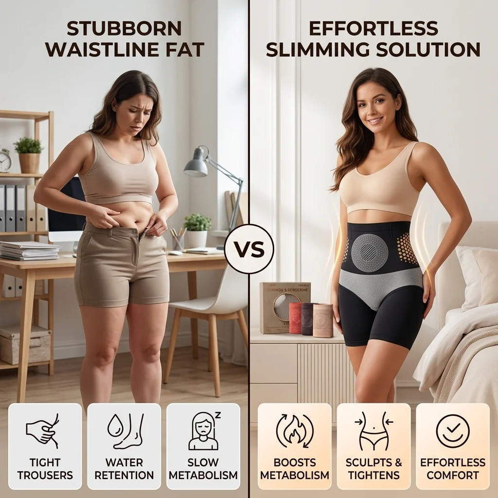 Side-by-side comparison of a woman struggling with tight shorts and another woman wearing black high-waisted shaping shorts.