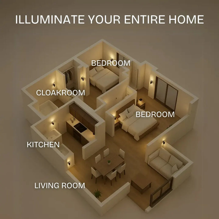 Another view of a home floor plan with lamps glowing in the bedrooms, cloakroom, kitchen and living room.