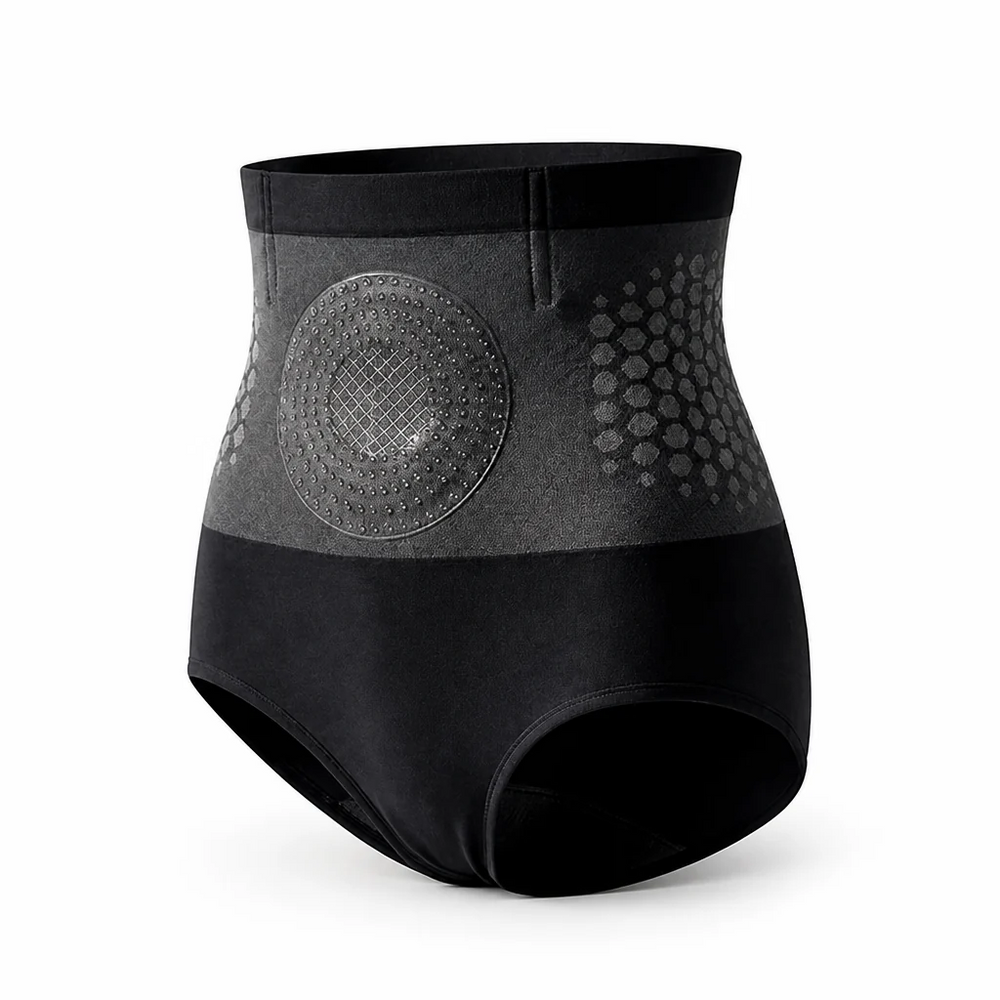 Black high-waisted shaping shorts with a dotted tummy panel and honeycomb side pattern on a white background.