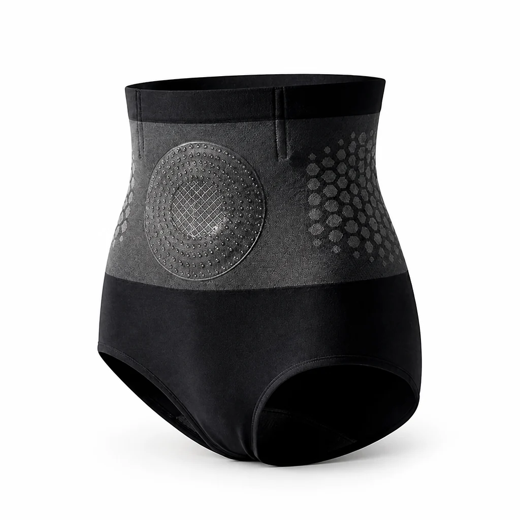 Black high-waisted shaping shorts with a dotted tummy panel and honeycomb side pattern on a white background.