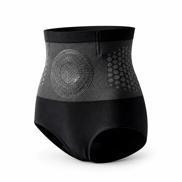 Black high-waisted shaping shorts with a dotted tummy panel and honeycomb side pattern on a white background.