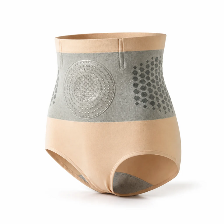 Beige high-waisted shorts with a gray midsection, dotted tummy panel and honeycomb side pattern on a white background.