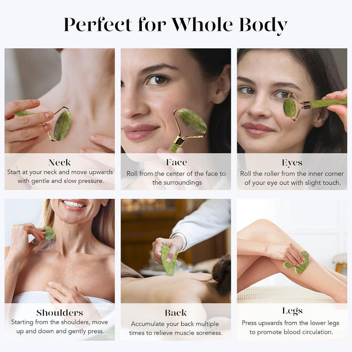 Instant Glow Gua Sha & Jade Roller Set-Green-Nora Luxe