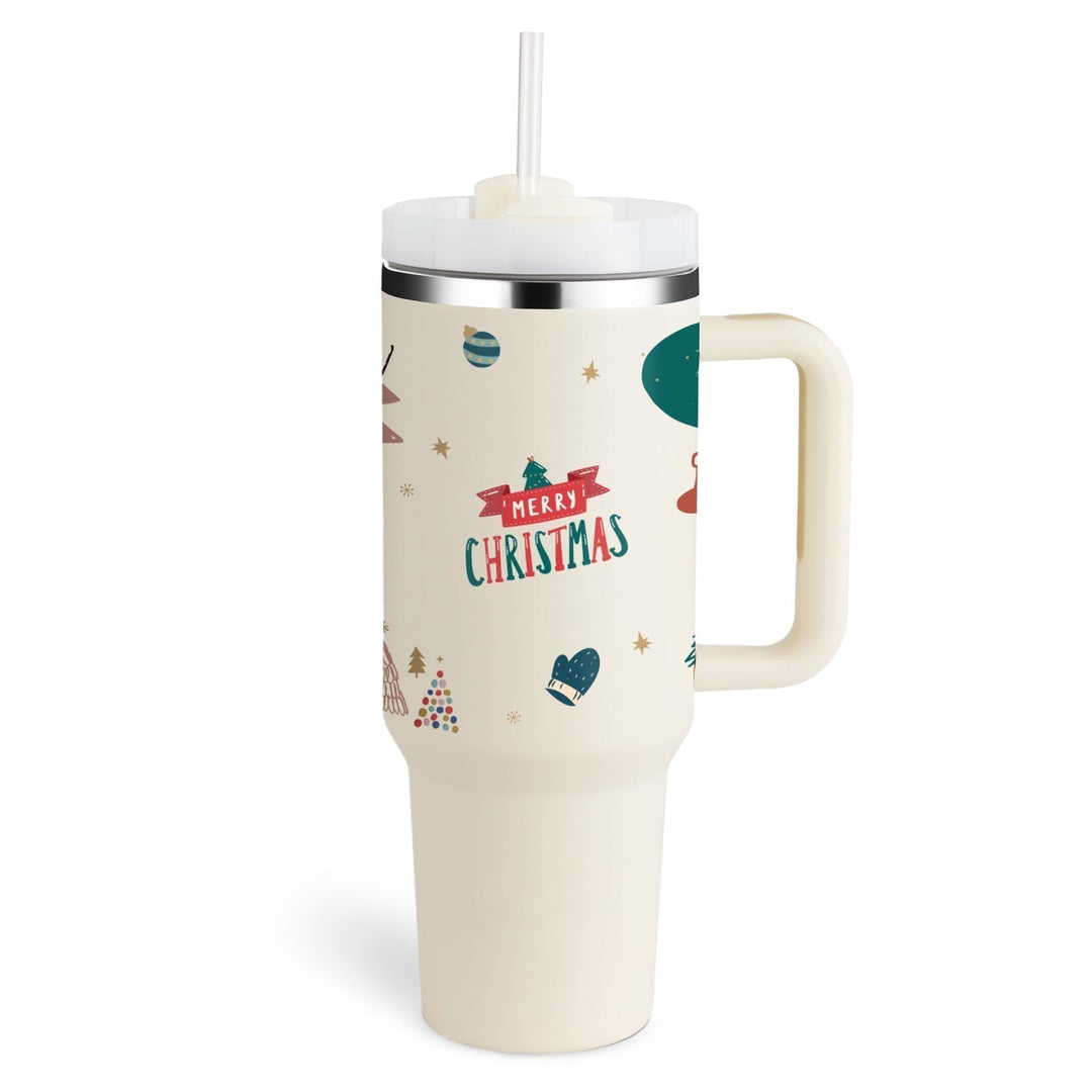 Insulated Mug with Handle and Straw - ChillMate-Christmas beige-1200 ML-Nora Luxe