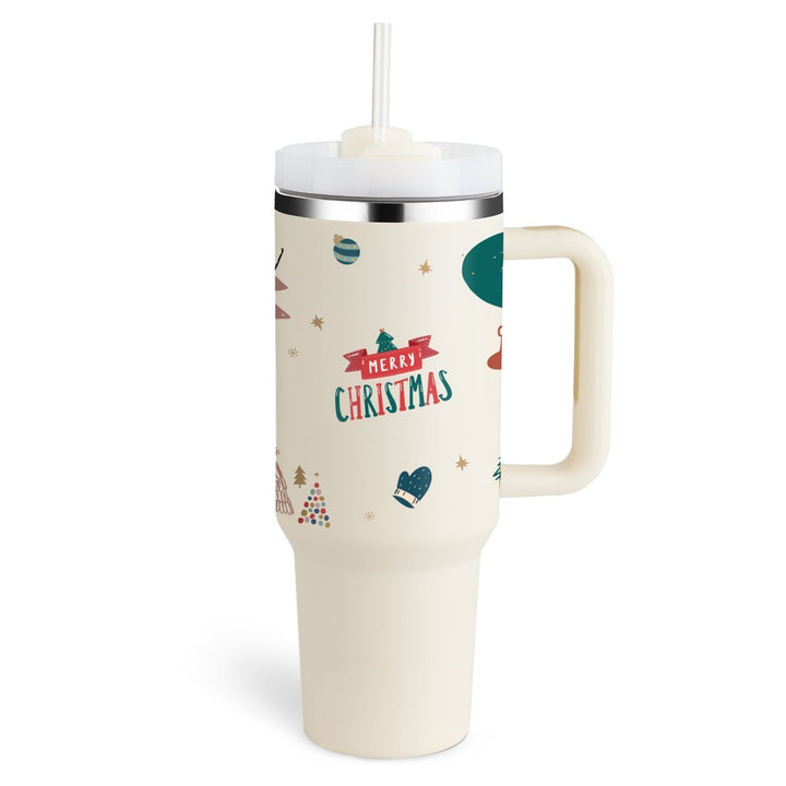 Insulated Mug with Handle and Straw - ChillMate-Christmas beige-1200 ML-Nora Luxe
