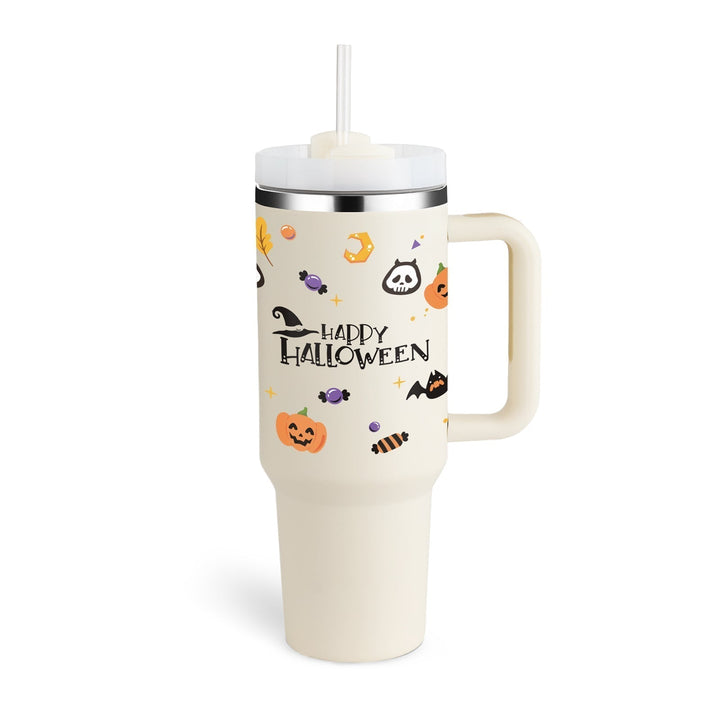 Insulated Mug with Handle and Straw - ChillMate-Halloween Cream White-1200 ML-Nora Luxe