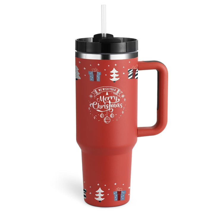 Insulated Mug with Handle and Straw - ChillMate-Poinsettia B-1200 ML-Nora Luxe