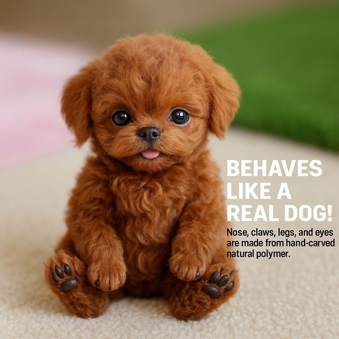 Brown robot puppy sitting upright on a cream carpet showing dark paw pads.